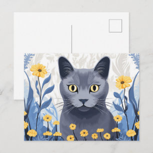 Russian Blue Cat Yellow Flowers Postcard