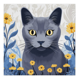Russian Blue Cat Yellow Flowers Poster