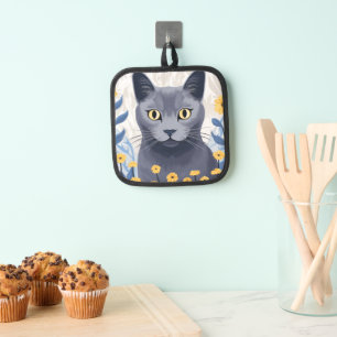 Russian Blue Cat Yellow Flowers Pot Holder