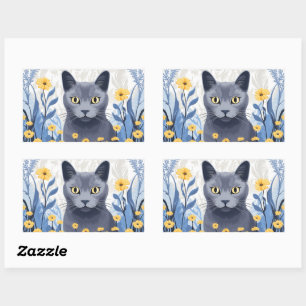 Russian Blue Cat Yellow Flowers Rectangular Sticker