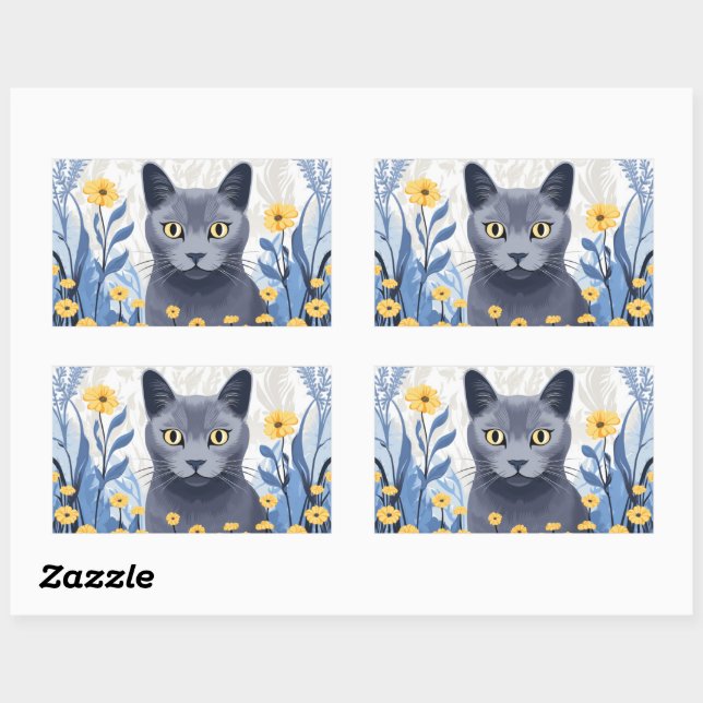 Russian Blue Cat Yellow Flowers Rectangular Sticker (Sheet)