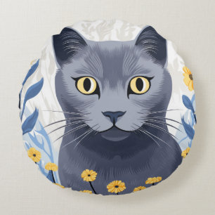 Russian Blue Cat Yellow Flowers Round Cushion