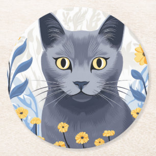 Russian Blue Cat Yellow Flowers Round Paper Coaster