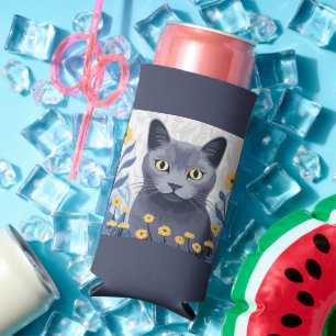 Russian Blue Cat Yellow Flowers Seltzer Can Cooler