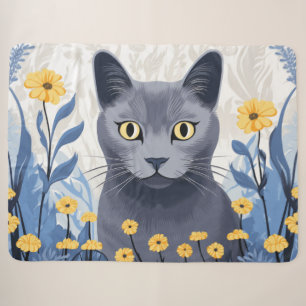 Russian Blue Cat Yellow Flowers Sherpa Blanket