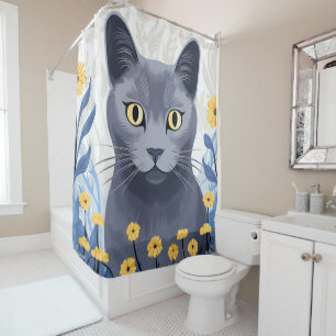 Russian Blue Cat Yellow Flowers Shower Curtain