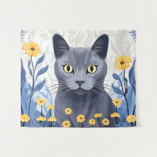Russian Blue Cat Yellow Flowers Tapestry (Front (Horizontal))