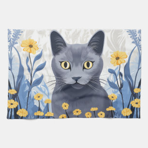 Russian Blue Cat Yellow Flowers Tea Towel