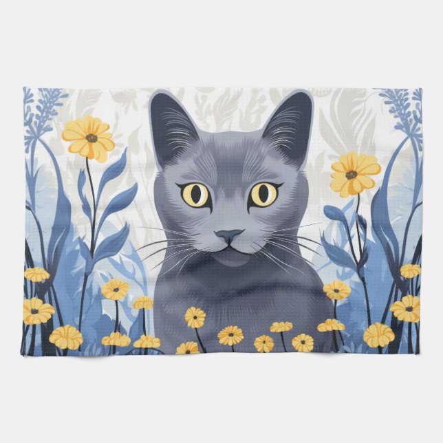 Russian Blue Cat Yellow Flowers Tea Towel (Horizontal)