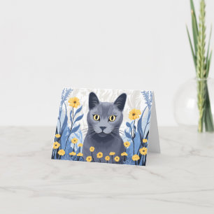 Russian Blue Cat Yellow Flowers Thank You Card
