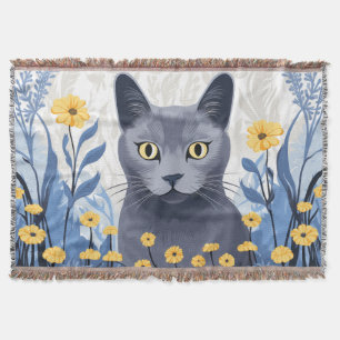 Russian Blue Cat Yellow Flowers Throw Blanket