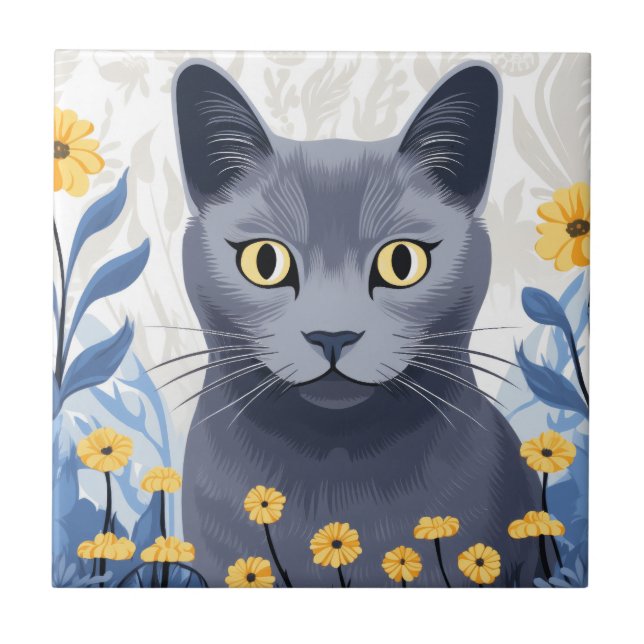 Russian Blue Cat Yellow Flowers Tile (Front)
