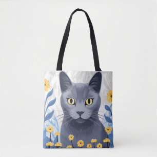 Russian Blue Cat Yellow Flowers Tote Bag
