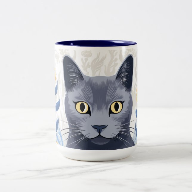Russian Blue Cat Yellow Flowers Two-Tone Coffee Mug (Center)