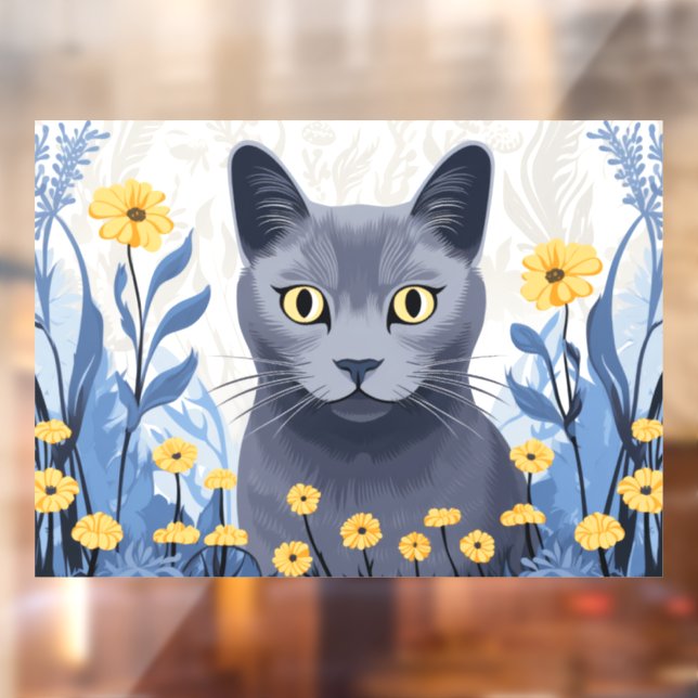 Russian Blue Cat Yellow Flowers Window Cling (Sheet 2)