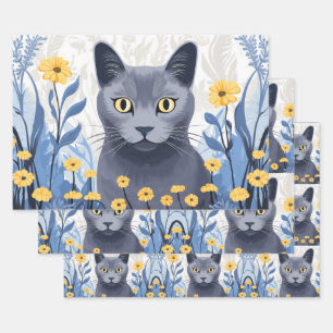 Russian Blue Cat Yellow Flowers Wrapping Paper Sheet
