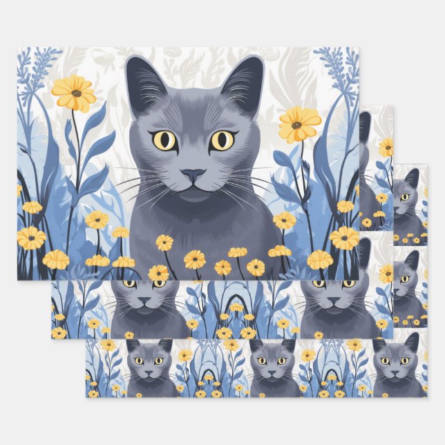 Russian Blue Cat Yellow Flowers Wrapping Paper Sheet (Set)