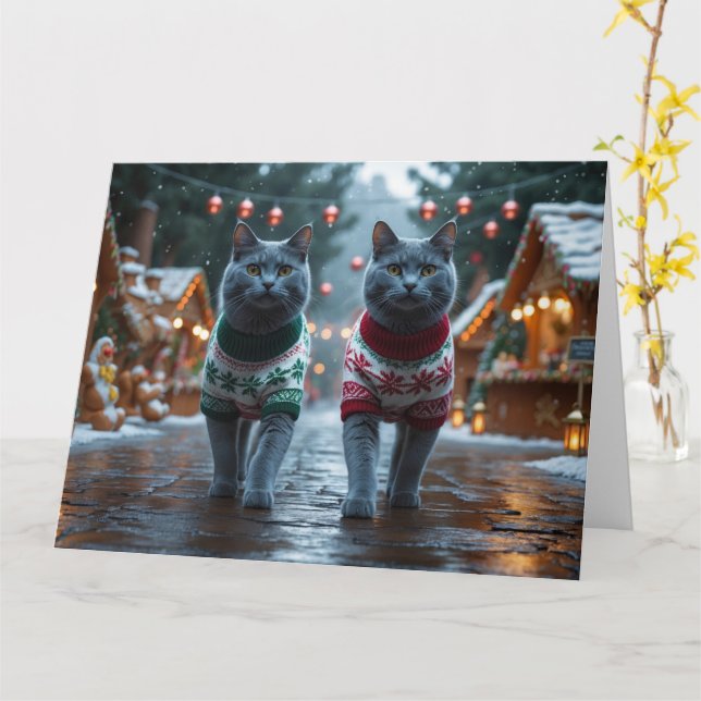 Russian Blue Cats Christmas Snow Holiday  Card (Yellow Flower)