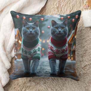 Russian Blue Cats Christmas Snow Holiday Cushion