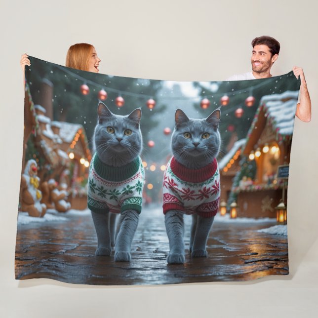 Russian Blue Cats Christmas Snow Holiday  Fleece Blanket (In Situ)