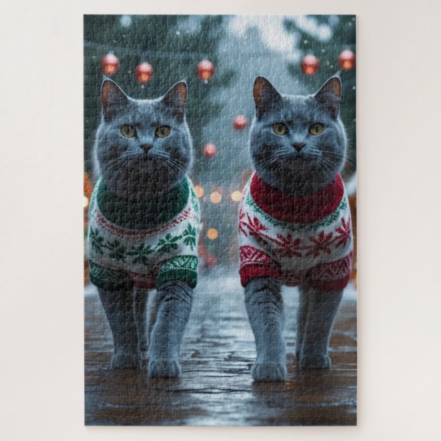 Russian Blue Cats Christmas Snow Holiday  Jigsaw Puzzle (Vertical)