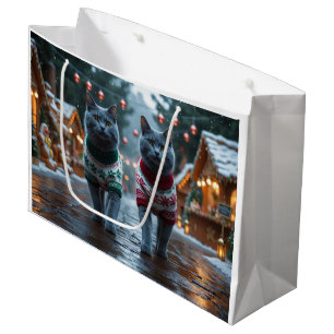 Russian Blue Cats Christmas Snow Holiday  Large Gift Bag