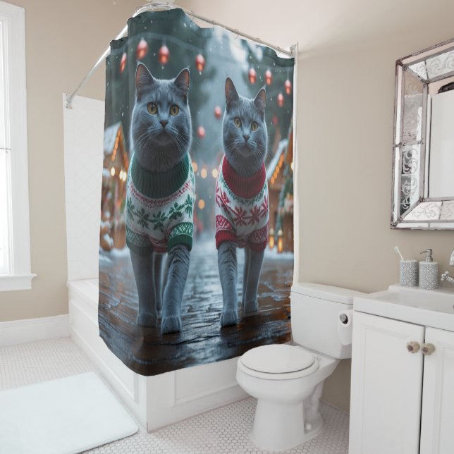 Russian Blue Cats Christmas Snow Holiday  Shower Curtain (In Situ)