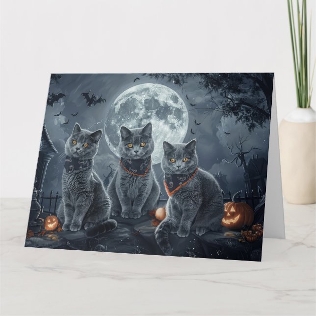 Russian Blue Cats Halloween Spooky Card (Front)