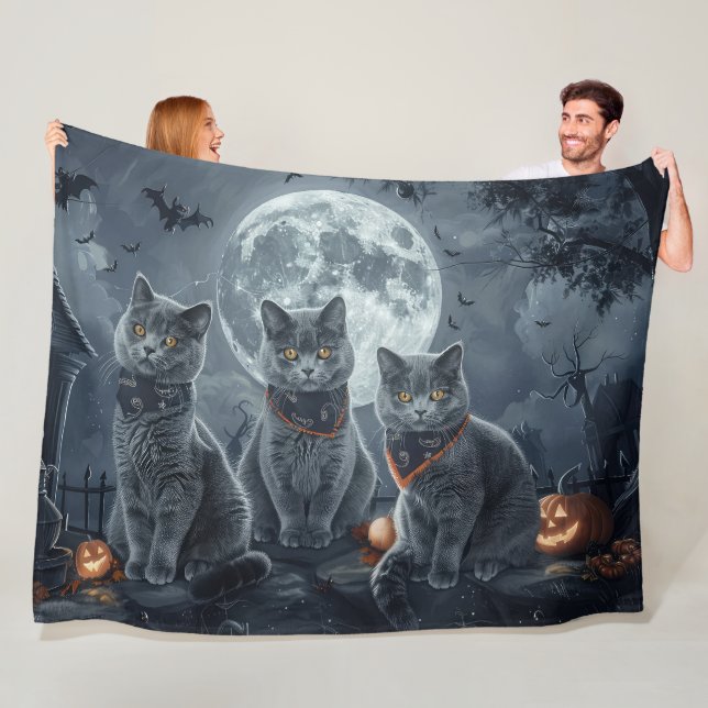 Russian Blue Cats Halloween Spooky Fleece Blanket (In Situ)