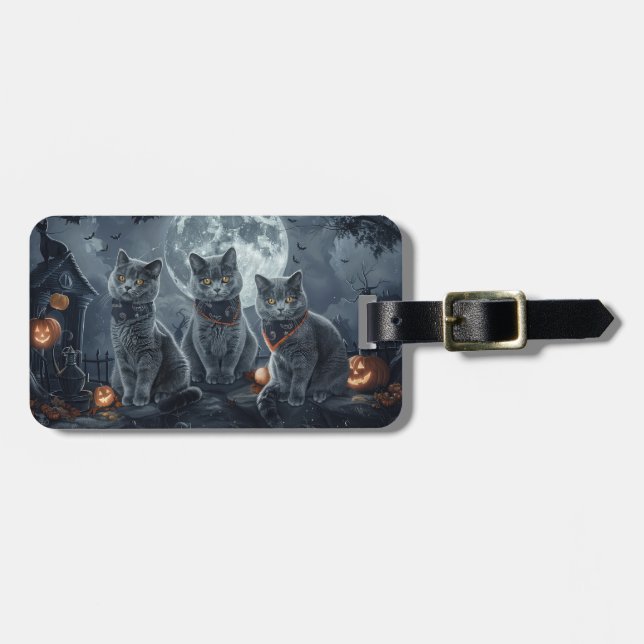 Russian Blue Cats Halloween Spooky Luggage Tag (Front Horizontal)