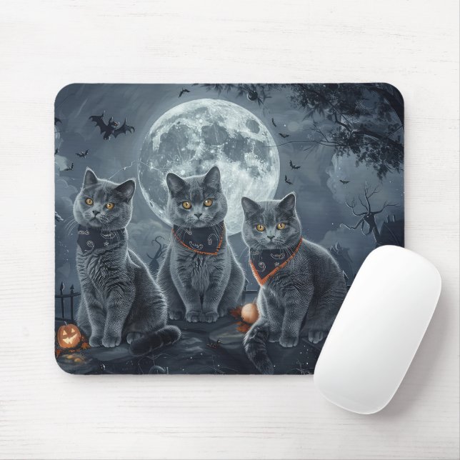Russian Blue Cats Halloween Spooky Mouse Mat (With Mouse)