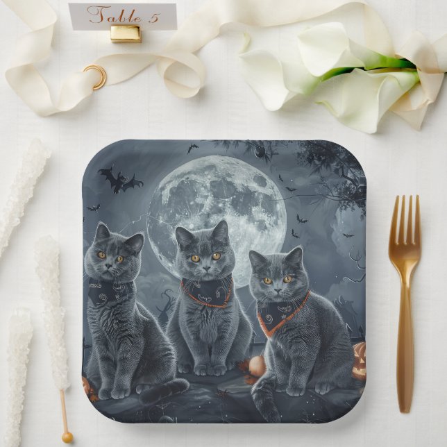 Russian Blue Cats Halloween Spooky Paper Plate (Wedding)