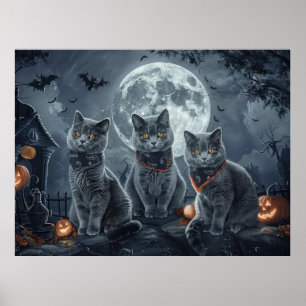 Russian Blue Cats Halloween Spooky Poster