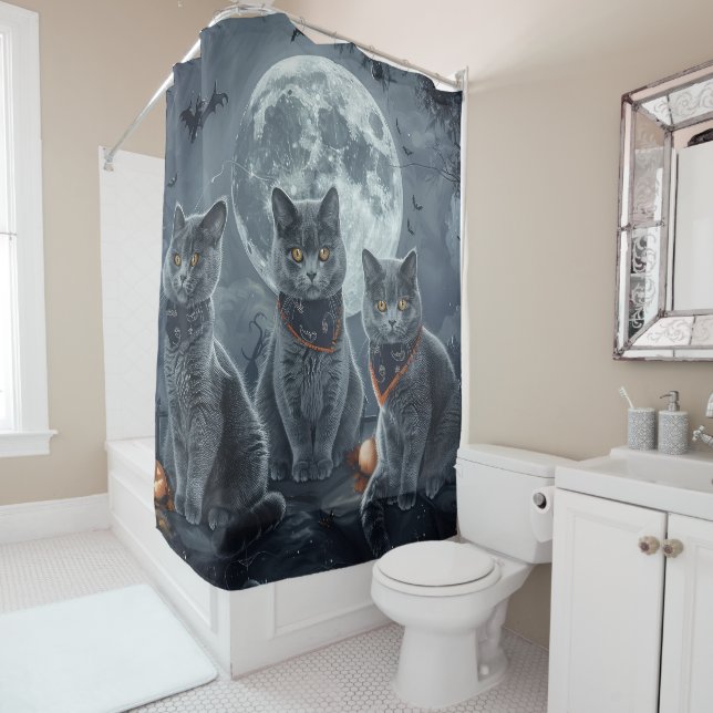 Russian Blue Cats Halloween Spooky Shower Curtain (In Situ)