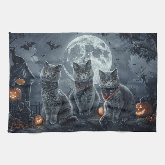 Russian Blue Cats Halloween Spooky Tea Towel (Horizontal)