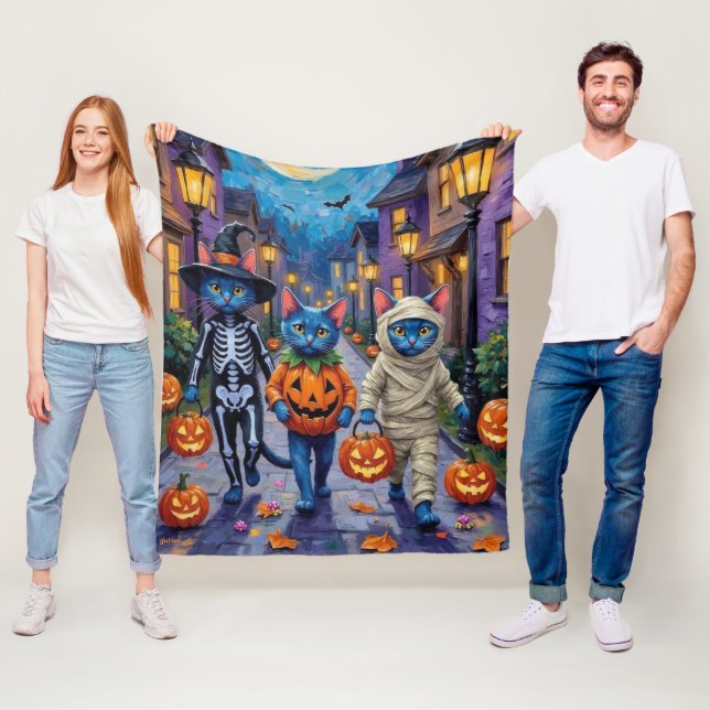 Russian Blue Cats in Halloween Costumes Fleece Blanket (In Situ)