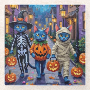 Russian Blue Cats in Halloween Costumes Glass Coaster