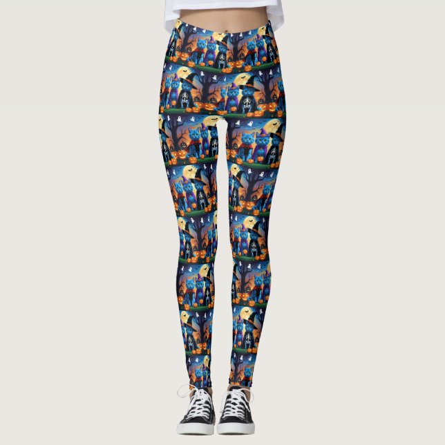 Russian Blue Cats Pumpkin Halloween Funny  Leggings (Front)