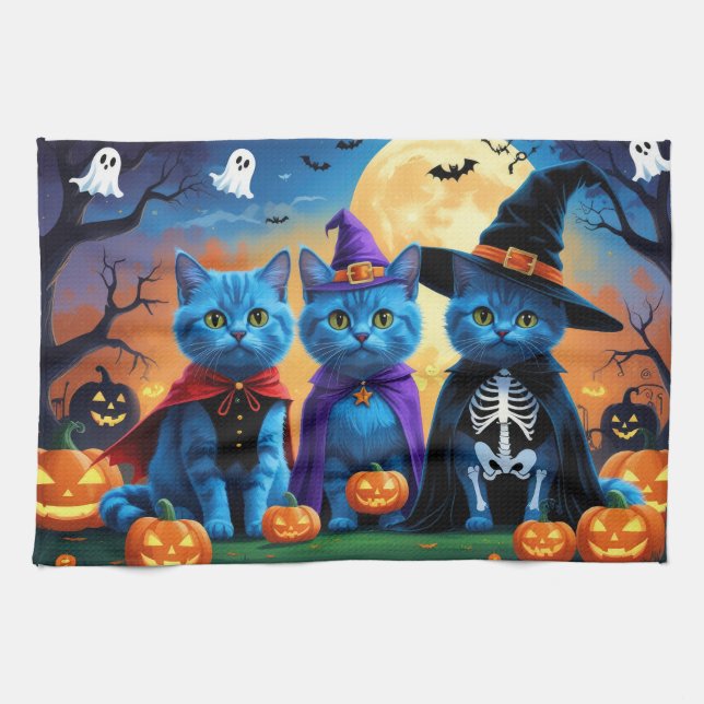 Russian Blue Cats Pumpkin Halloween Funny  Tea Towel (Horizontal)