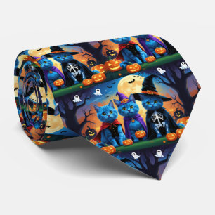 Russian Blue Cats Pumpkin Halloween Funny  Tie