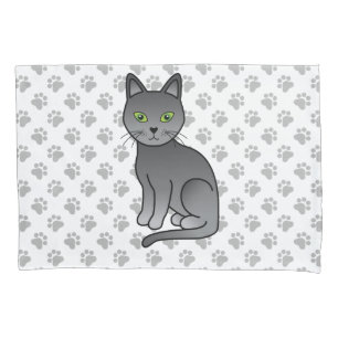 Russian Blue Cute Cartoon Cat Illustration & Paws Pillowcase