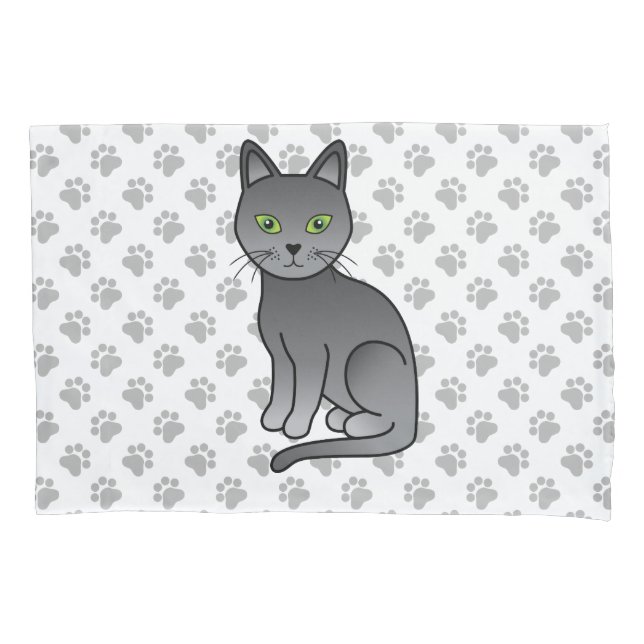 Russian Blue Cute Cartoon Cat Illustration & Paws Pillowcase (Front)