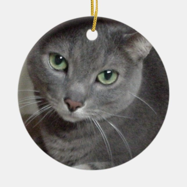 Russian Blue Grey Cat Ceramic Tree Decoration (Front)
