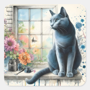 Russian Blue Grey Cat in Window Summer Flowers  Square Sticker