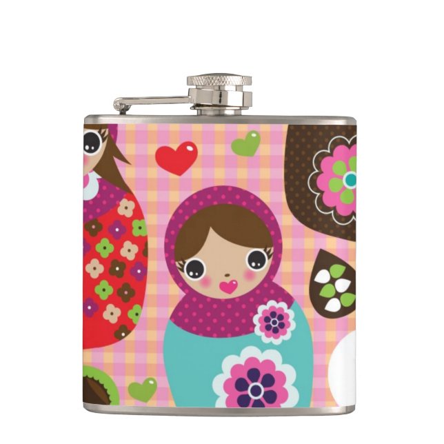 Russian doll illustration background hip flask (Front)