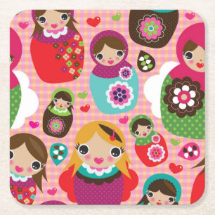 Russian doll illustration background square paper coaster