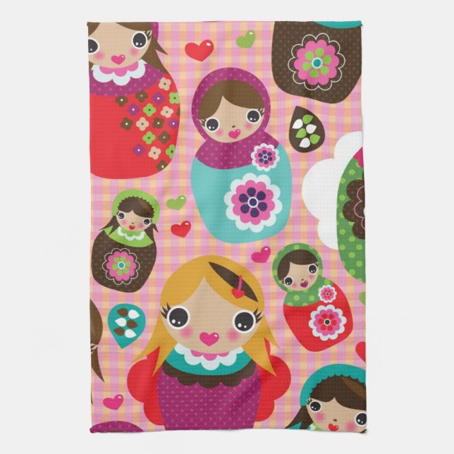 Russian doll illustration background tea towel (Vertical)