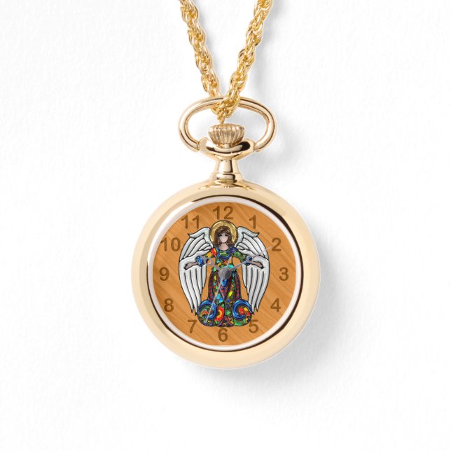 Russian Enameled Angel on Cherry Wood Backdrop Watch (Front)