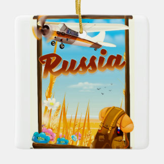 Russian Farm landscape cartoon travel poster Ceramic Ornament