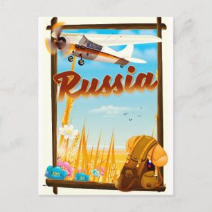 Russian Farm landscape cartoon travel poster Postcard